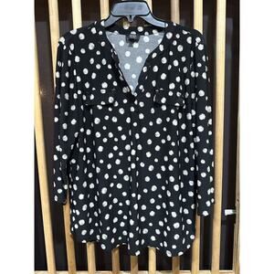 Jones New York Shirt Womens XL Black White Polka Dot Long Sleeve Blouse Pockets